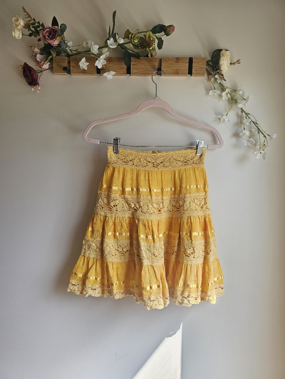 Anna Sui Yellow Lace Tiered Cotton Blend Mini Circle Skirt Size 0